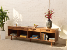 Load image into Gallery viewer, Boston Handcrafted, Walnut Low Credenza with Drawers and Open Storage