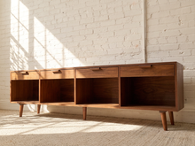 Load image into Gallery viewer, Boston Handcrafted, Walnut Low Credenza with Drawers and Open Storage