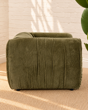 Load image into Gallery viewer, Greta moss green upholstered accent chair with oversized square arms, gathered fabric detailing, tight seat and low lounge silhouette.