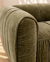 Load image into Gallery viewer, Greta moss green upholstered accent chair with oversized square arms, gathered fabric detailing, tight seat and low lounge silhouette.