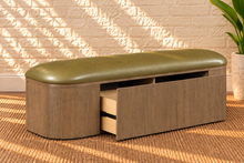 Load image into Gallery viewer, Gwen Walnut dining bench with storage drawers upholstered in Desert Olive vegan leather