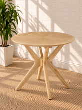 Load image into Gallery viewer, Hallie natural wood round side table with sunburst veneer tabletop and intersecting angled wood legs