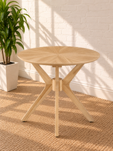 Load image into Gallery viewer, Hallie natural wood round side table with sunburst veneer tabletop and intersecting angled wood legs