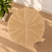 Load image into Gallery viewer, Hallie natural wood round side table with sunburst veneer tabletop and intersecting angled wood legs