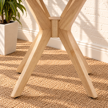 Load image into Gallery viewer, Hallie natural wood round side table with sunburst veneer tabletop and intersecting angled wood legs
