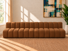 Load image into Gallery viewer, Hampton 4-piece sectional sofa in Caramel velvet with deep channel tufting, rounded cushions, modular configuration, and contemporary design.