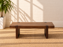 Load image into Gallery viewer, Hayden coffee table in natural brown mango wood with a rectangular top, rounded edges, visible joinery details, and broad panel-style legs.