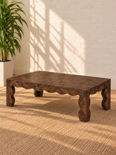 Load image into Gallery viewer, Hudson Espresso Mappa burl veneer coffee table with scalloped apron, curved sculptural legs, and richly figured natural wood grain.