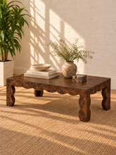 Load image into Gallery viewer, Hudson Espresso Mappa burl veneer coffee table with scalloped apron, curved sculptural legs, and richly figured natural wood grain.