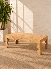 Load image into Gallery viewer, Hudson Latte Mappa burl veneer coffee table with scalloped apron, sculptural curved legs, and natural burl wood grain.