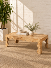Load image into Gallery viewer, Hudson Latte Mappa burl veneer coffee table with scalloped apron, sculptural curved legs, and natural burl wood grain.