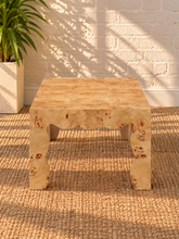 Load image into Gallery viewer, Hudson Latte Mappa burl veneer coffee table with scalloped apron, sculptural curved legs, and natural burl wood grain.