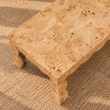 Load image into Gallery viewer, Hudson Latte Mappa burl veneer coffee table with scalloped apron, sculptural curved legs, and natural burl wood grain.
