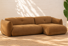Load image into Gallery viewer, Hugh two-piece sectional sofa upholstered in textured camel brown chunky woven chenille with broad cushions and rounded arms.