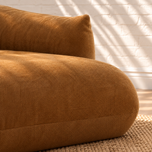 Load image into Gallery viewer, Hugh two-piece sectional sofa upholstered in textured camel brown chunky woven chenille with broad cushions and rounded arms.
