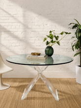 Load image into Gallery viewer, Vintage round glass dining table with sculptural clear Lucite starburst pedestal base.