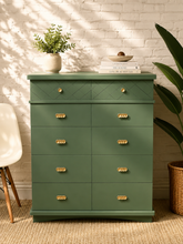 Load image into Gallery viewer, Vintage Kent Coffey five drawer tall dresser refinished in sage green with diamond lattice detailing and gold-tone hardware.