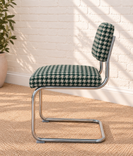 Load image into Gallery viewer, 70s Style Chrome Cantilever Dining Chair in Green Houndstooth Chenille