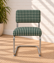 Load image into Gallery viewer, 70s Style Chrome Cantilever Dining Chair in Green Houndstooth Chenille