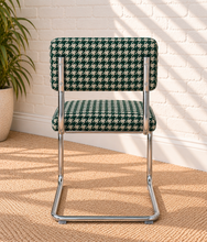Load image into Gallery viewer, 70s Style Chrome Cantilever Dining Chair in Green Houndstooth Chenille