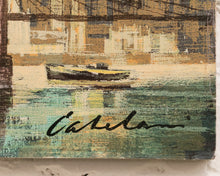 Load image into Gallery viewer, New York City Skyline with the Brooklyn Bridge Hudson River Mid Century Painting