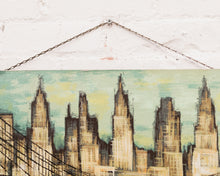 Load image into Gallery viewer, New York City Skyline with the Brooklyn Bridge Hudson River Mid Century Painting