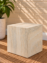 Load image into Gallery viewer, Isobel Cube Side Table in Ivory Travertine with a square sculptural form and natural stone-inspired finish.