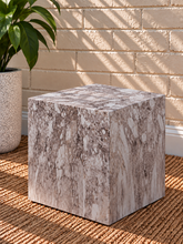 Load image into Gallery viewer, Isobel Cube Side Table in Mocha Marble with a square sculptural form and mottled brown marble-inspired finish.