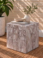 Load image into Gallery viewer, Isobel Cube Side Table in Mocha Marble with a square sculptural form and mottled brown marble-inspired finish.