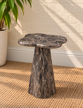 Load image into Gallery viewer, Ivy sculptural concrete side table in Cinder Marble with organic top and tapered pedestal base