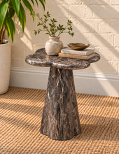 Load image into Gallery viewer, Ivy sculptural concrete side table in Cinder Marble with organic top and tapered pedestal base