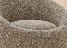 Load image into Gallery viewer, Jaden Moon Gray swivel accent chair with textured gray upholstery, rounded wraparound back, sloped arms and circular seat.