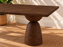Load image into Gallery viewer, Jane warm brown mango wood dining table with rectangular rounded-edge top and two sculptural hourglass pedestal bases.