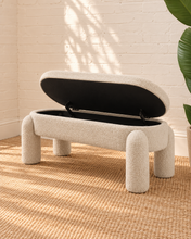 Load image into Gallery viewer, Janela ivory white chenille storage bench with rounded upholstered legs, cushioned lift-up seat and hidden interior storage.