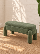 Load image into Gallery viewer, Janela olive sage chenille storage bench with rounded upholstered legs, cushioned lift-up top and hidden interior storage.