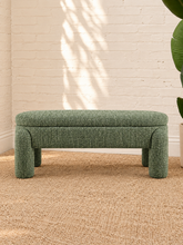 Load image into Gallery viewer, Janela olive sage chenille storage bench with rounded upholstered legs, cushioned lift-up top and hidden interior storage.