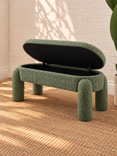 Load image into Gallery viewer, Janela olive sage chenille storage bench with rounded upholstered legs, cushioned lift-up top and hidden interior storage.