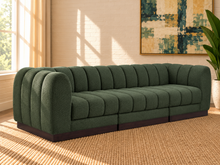 Load image into Gallery viewer, Jerrold 3-piece sectional sofa in Deep Sage cross-hatched chenille with rounded channel-tufted cushions and dark brown espresso wood base.