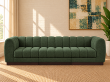 Load image into Gallery viewer, Jerrold 3-piece sectional sofa in Deep Sage cross-hatched chenille with rounded channel-tufted cushions and dark brown espresso wood base.