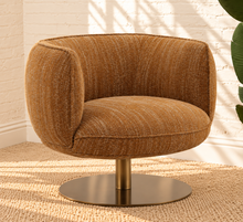 Load image into Gallery viewer, Jorina ochre bouclé swivel accent chair with rounded curved back, cushioned seat, textured upholstery, and concealed iron swivel base.