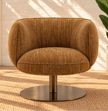 Load image into Gallery viewer, Jorina ochre bouclé swivel accent chair with rounded curved back, cushioned seat, textured upholstery, and concealed iron swivel base.