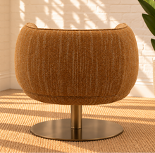 Load image into Gallery viewer, Jorina ochre bouclé swivel accent chair with rounded curved back, cushioned seat, textured upholstery, and concealed iron swivel base.