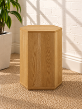 Load image into Gallery viewer, Kalel hexagonal oak side table with faceted wood veneer design, single cabinet door and interior shelf