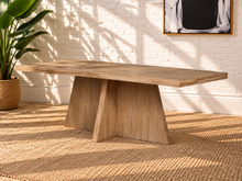 Load image into Gallery viewer, Kallie rectangular dining table in natural acacia wood with Brushed Smoke finish and sculptural intersecting panel base.