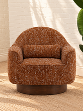Load image into Gallery viewer, Katiana rust chunky bouclé swivel accent chair with rounded back, curved arms, cushioned seat, and dark rubber wood base.