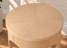 Load image into Gallery viewer, Kaylee sculptural side table in blonde oak with rounded top and arched openwork base.