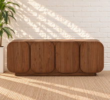 Load image into Gallery viewer, Keanu natural brown mindi wood credenza with four rounded cabinet doors, curved corners, low plinth base, and interior shelving.
