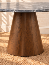 Load image into Gallery viewer, Image 2 of 4: Keller 50-inch round dining table with gray marble-look top and dark Walnut pedestal base