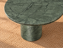 Load image into Gallery viewer, Kiara sage green genuine marble coffee table with rounded end, cylindrical pedestal base, slab support, and natural stone veining.