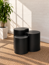 Load image into Gallery viewer, Klein three-piece Orbit nesting side tables in Midnight matte black with rounded cylindrical forms.